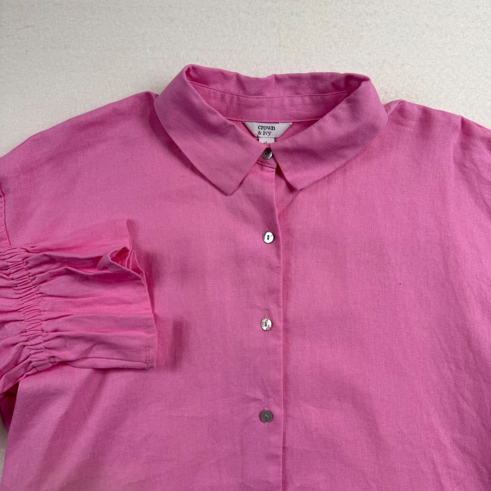 Crown & Ivy Button Down Linen Blend Coastal Coquette Southern Pink Shirt L - Picture 4 of 11